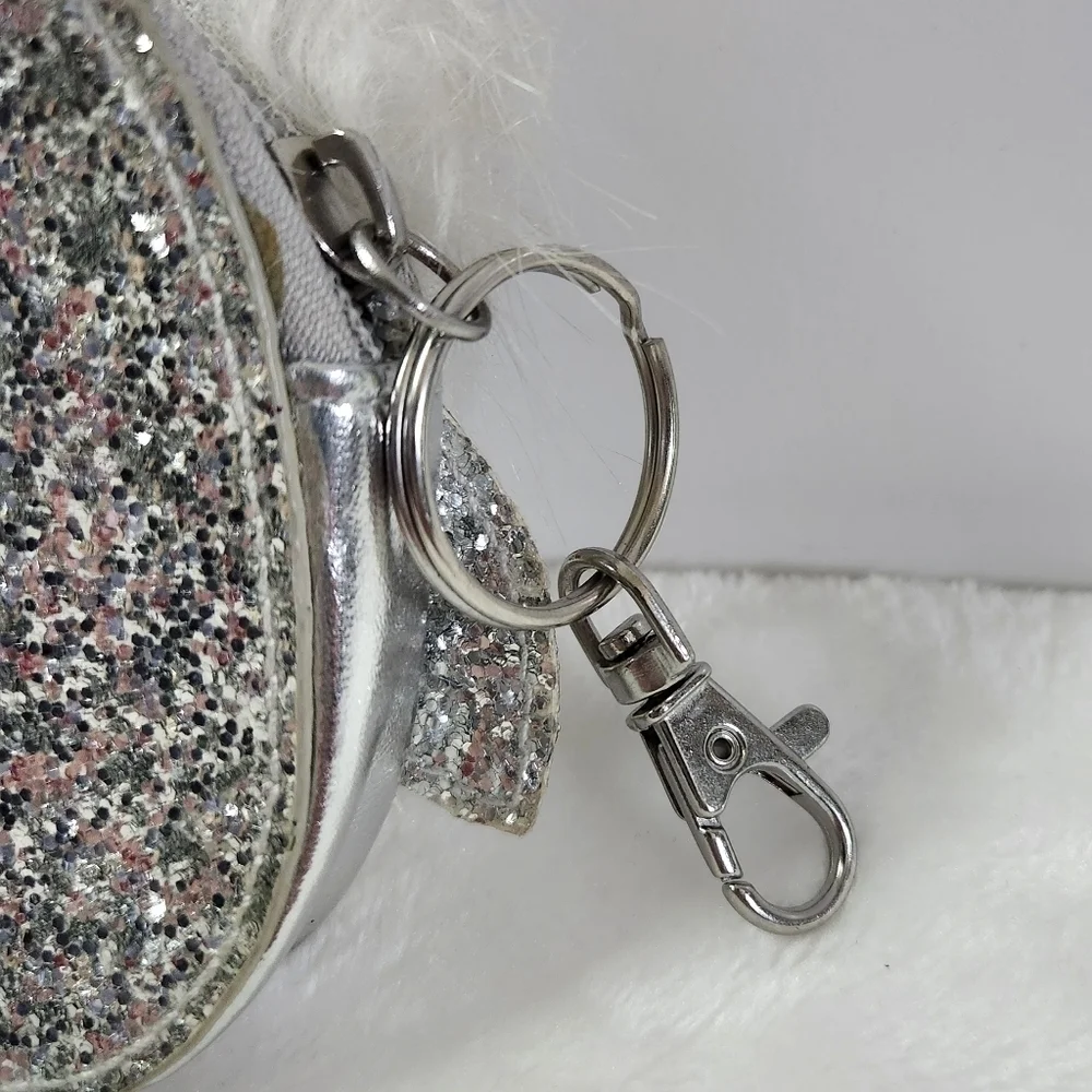 Target Owl Faux Leather Fur Trim White Silver Glitter Coin Purse Keychain NWOT